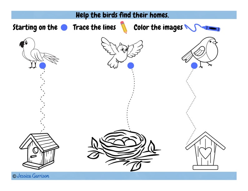 K&ouml;nnte beinhalten: Ein schwarz-wei&szlig;es Arbeitsblatt mit drei V&ouml;geln und ihren H&auml;usern. Die V&ouml;gel sind ein Papagei, eine Taube und ein Rotkehlchen. Die H&auml;user sind ein Vogelhaus, ein Nest und ein Vogelhaus mit einem Herzen. Das Arbeitsblatt fordert den Benutzer auf, die Linien nachzuzeichnen, um die V&ouml;gel mit ihren H&auml;usern zu verbinden, und die Bilder zu f&auml;rben.