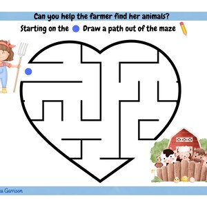 K&ouml;nnte beinhalten: Ein schwarz-wei&szlig;es Labyrinth in Herzform. Ein Cartoon-Bauer mit einer Heugabel steht am Anfang des Labyrinths. Das Ende des Labyrinths f&uuml;hrt zu einem roten Stall mit Nutztieren.