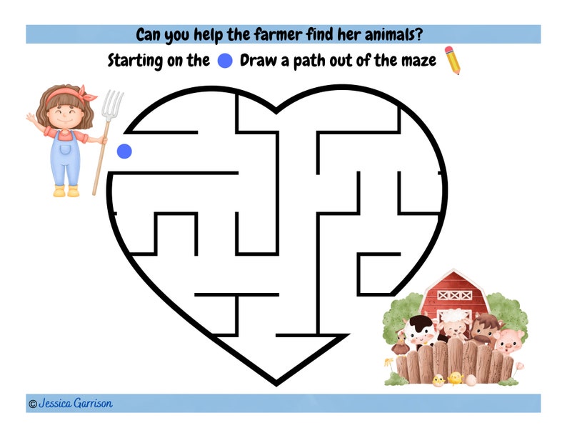 K&ouml;nnte beinhalten: Ein schwarz-wei&szlig;es Labyrinth in Herzform. Ein Cartoon-Bauer mit einer Heugabel steht am Anfang des Labyrinths. Das Ende des Labyrinths f&uuml;hrt zu einem roten Stall mit Nutztieren.
