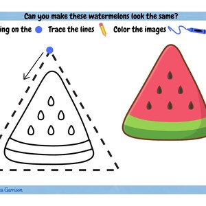 K&ouml;nnte beinhalten: Eine Schwarzwei&szlig;zeichnung einer Wassermelone mit Kernen. Der Umriss der Wassermelone ist gestrichelt und oben befindet sich ein blauer Punkt. Rechts von der Zeichnung befindet sich eine farbige Wassermelonenscheibe.