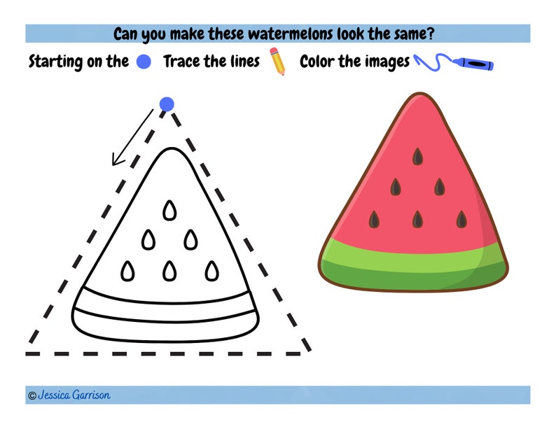 K&ouml;nnte beinhalten: Eine Schwarzwei&szlig;zeichnung einer Wassermelone mit Kernen. Der Umriss der Wassermelone ist gestrichelt und oben befindet sich ein blauer Punkt. Rechts von der Zeichnung befindet sich eine farbige Wassermelonenscheibe.