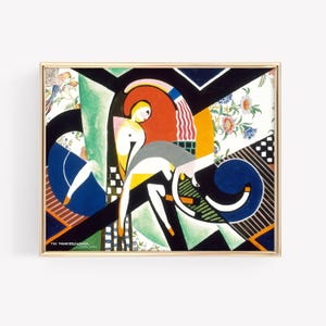May include: A framed art print titled "The Thundershower" by Hannah Höch. The artwork features abstract figures and geometric shapes in a vibrant color palette of red, blue, green, and yellow. The frame is gold.