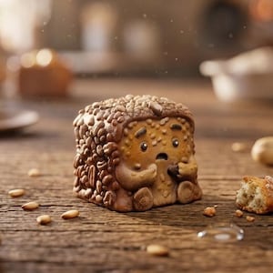 May include: A small, cube-shaped brown baked good shaped like a creature with a textured, bumpy surface resembling a hedgehog. It features a smooth face with two dark eyes, arched eyebrows, and a small mouth, with tiny arms holding a small nut.