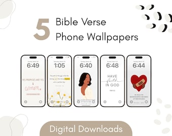 Puede incluir: Cinco fondos de pantalla para teléfono con versículos bíblicos inspiradores. Los fondos de pantalla presentan una variedad de diseños, incluyendo una mujer con un fondo amarillo, un corazón con una venda y un diseño floral.