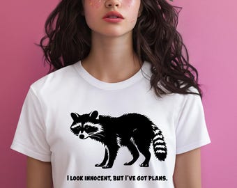 May include: White t-shirt featuring a black raccoon graphic with the text "I look innocent, but I've got plans." The model is wearing a floral crown against a pink background.