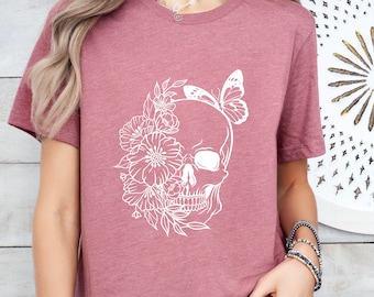 Bloom Skull Shirt, Floral Skull Shirt, Floral Skull Boho Graphic Tee, Butterfly Skull T-Shirt, Skeleton Tee