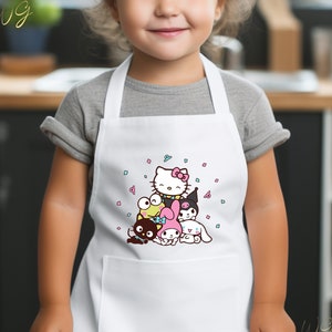 Hello Cat Toddler Apron, Kawaii Apron, Kitty Apron, Cute Cat Toddler Apron, Gift for Birthday Apron, Cute Girls Apron White