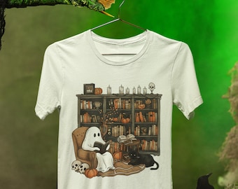 Retro Ghost Librarian Shirt: Spooky Halloween Book Lover Tee