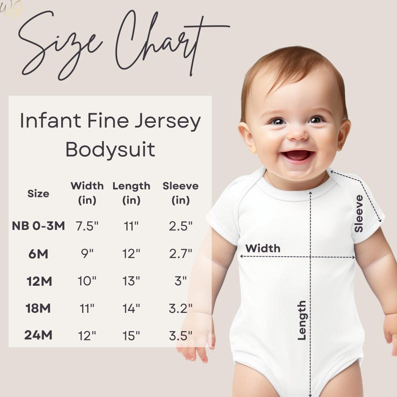 Puede incluir: Un body blanco para beb&eacute; con una tabla de tallas. La tabla muestra tallas NB 0-3M a 24M, con medidas en pulgadas para ancho, largo y manga. El texto "Size Chart" est&aacute; en la parte superior.