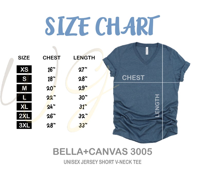Puede incluir: Tabla de tallas para una camiseta unisex de cuello en V. La tabla muestra las medidas de pecho y largo en cm para las tallas XS a 3XL. Se muestra una camiseta azul con cuello en V con indicadores de pecho y largo.