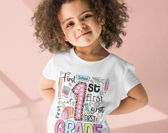 First Grade Shirt for Girls Cute 1st Grader Back to School Tee Adorable First Day Outfit with School Supplies