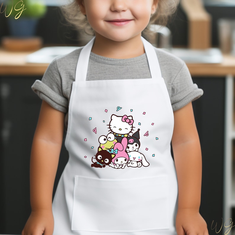 Hello Cat Toddler Apron, Kawaii Apron, Kitty Apron, Cute Cat Toddler Apron, Gift for Birthday Apron, Cute Girls Apron White