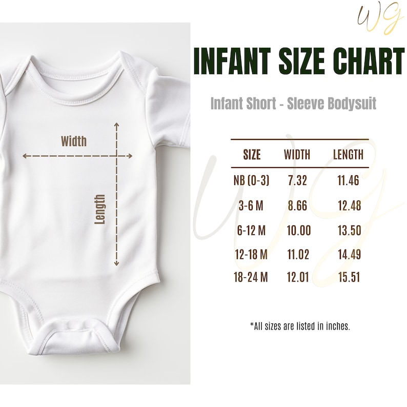 May include: Infant bodysuit size chart with measurements in inches. The chart shows the width and length of the bodysuit for different sizes, from newborn to 18-24 months.