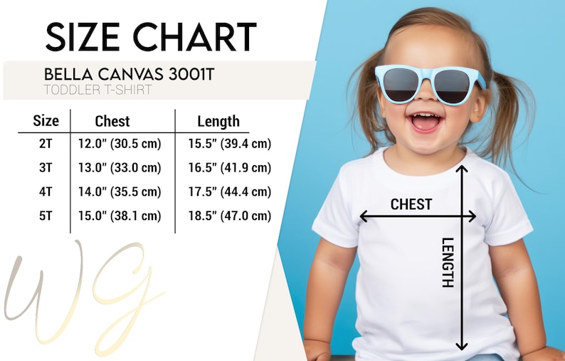 Puede incluir: Un ni&ntilde;o peque&ntilde;o con una camiseta blanca y gafas de sol azules, con una tabla de tallas para camisetas para ni&ntilde;os peque&ntilde;os Bella Canvas 3001T. La tabla muestra medidas de pecho y largo en cm.
