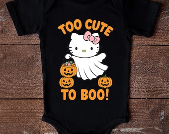 Hello Cat Halloween Baby Bodysuit Too Cute To Boo Pumpkin Ghost Outfit Fall Costume Baby Girl Shirt Halloween Gift for Her