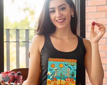 Funny Summerween Skeleton Tank Top: Spooky Beach Sleeveless Tee