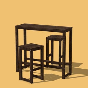 Op de afbeelding: Een donkerbruine houten bartafel met twee bijpassende krukken. De tafel heeft een rechthoekig blad en vier poten. De krukken zijn vierkant met vier poten en een zitting. De set is gemaakt van hout en heeft een eenvoudig, modern ontwerp.