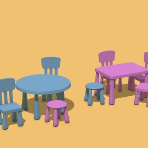 May include: A set of children's furniture in blue and pink. The set includes a round blue table with two matching chairs, a pink stool, and a rectangular pink table with three chairs and a blue stool. The furniture is made of plastic.