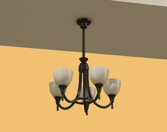 Könnte beinhalten: Ein schwarzer Kronleuchter mit fünf weißen Glasschirmen. Die Leuchte ist an der Decke aufgehängt und hat ein klassisches Design. Die Schirme sind wie umgedrehte Tulpenblüten geformt. Der Kronleuchter ist ein dekoratives Beleuchtungselement.