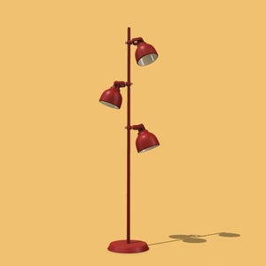 May include: A red floor lamp with three adjustable lights. The lamp has a round base and a tall, slender pole.
