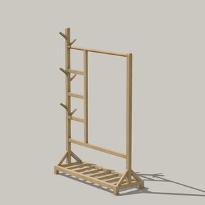 May include: A wooden coat rack with a shelf and hooks. The rack is made of natural wood and has a rustic look.