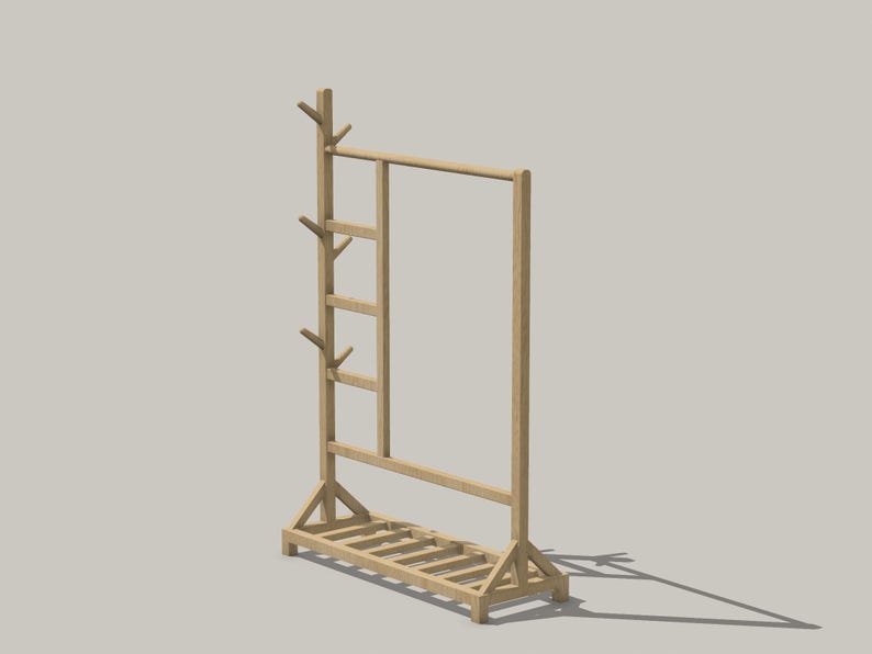 May include: A wooden coat rack with a shelf and hooks. The rack is made of natural wood and has a rustic look.