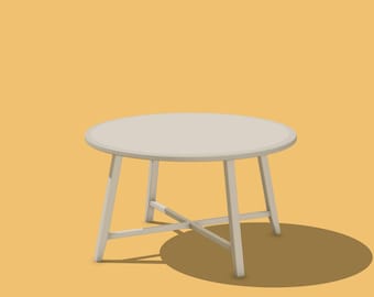 May include: A round, off-white table with a light-colored top and four angled legs. The table has a simple, modern design and is set against a yellow-orange background. The table's diameter is approximately 30 inches.