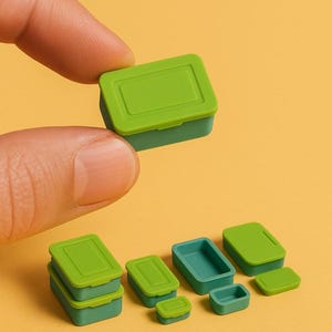 May include: A set of seven green and teal plastic containers of varying sizes. The containers have lids and are stacked on top of each other.