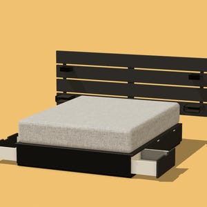 May include: A modern black bed frame with a light gray mattress. The headboard has horizontal slats and small side shelves. The bed features built-in drawers with white interiors. A contemporary bedroom furniture piece.
