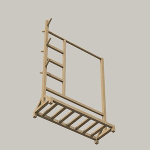 May include: A wooden shelf unit with a ladder on the side and a shelf on the bottom. The shelf unit is made of natural wood and has a rustic look.