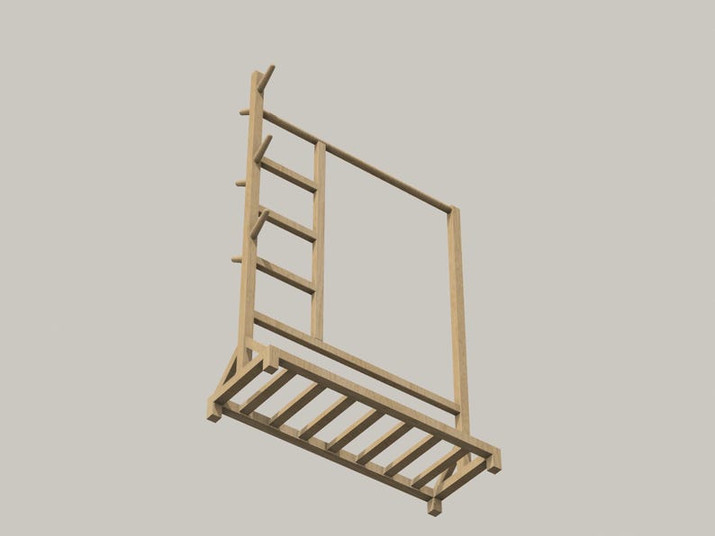 May include: A wooden shelf unit with a ladder on the side and a shelf on the bottom. The shelf unit is made of natural wood and has a rustic look.