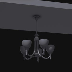 Op de afbeelding: Een grijze kroonluchter met vijf lichtarmaturen. De kroonluchter hangt aan het plafond en heeft een klassiek ontwerp. De lichtarmaturen hebben de vorm van omgekeerde kegels.