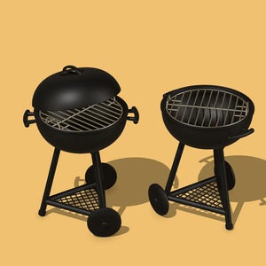 May include: Two black charcoal barbecues with round cooking surfaces and lids. One barbecue has its lid open, revealing the metal grate. Both barbecues have three legs, a lower shelf, and two wheels for easy movement. The background is a solid yellow colour.