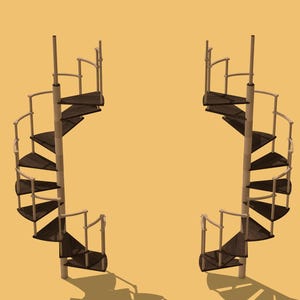 Puede incluir: Dos escaleras de caracol con escalones de color marrón oscuro y barandillas y soportes blancos. Las escaleras se encuentran sobre un fondo naranja claro liso. El diseño es simétrico, con cada escalera reflejando la otra.