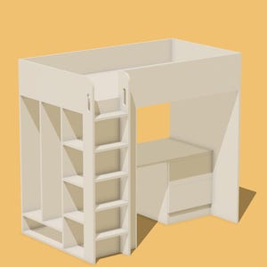 May include: White wooden loft bed with a built-in ladder, shelves, and a desk with a drawer underneath. The bed is raised off the ground and has a white wooden frame.
