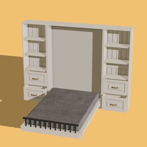 Könnte beinhalten: Ein weißes Wandbett mit eingebauten Regalen und Schubladen. Das Bett hat eine graue Matratze und ein schwarzes Geländer am Fußende. Die Regale haben mehrere Ablagen und Schubladen mit goldfarbenen Griffen. Das Bett steht vor einer hellgrauen Wand.