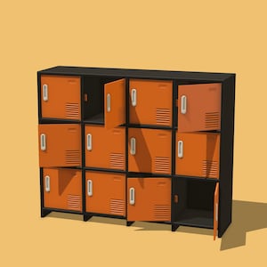 May include: A black storage unit with orange doors, some open. The doors have silver handles and ventilation slits. The unit is on a yellow background. The lockers are arranged in three rows of three, with one missing.