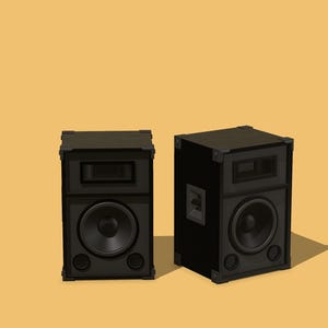 May include: Two black speakers with a rectangular design. Each speaker has a large circular woofer, a smaller rectangular speaker, and two smaller circular speakers. The speakers are on a yellow background.