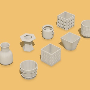 Könnte beinhalten: Eine Auswahl an cremeweißen Keramik-Pflanzgefäßen und Vasen in verschiedenen geometrischen Formen. Die Kollektion umfasst quadratische, zylindrische und sechseckige Designs, geeignet für Heimdekoration und Gartenarbeit.