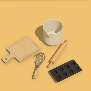 Könnte beinhalten: Ein Set Backutensilien auf gelbem Hintergrund. Das Set beinhaltet einen Nudelholz aus Holz, einen Schneebesen, ein Schneidebrett aus Holz, einen weißen Keramik-Krug und eine schwarze Silikon-Muffinform.