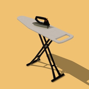 May include: An ironing board with a light gray padded surface and a black metal frame. A black iron with an orange indicator light rests on the board. The board is set against a yellow background.