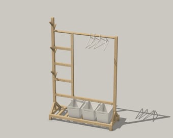 May include: A wooden clothes rack with a ladder on one side and three white storage bins on the bottom shelf. The rack has a metal bar for hanging clothes and several hooks on the side.