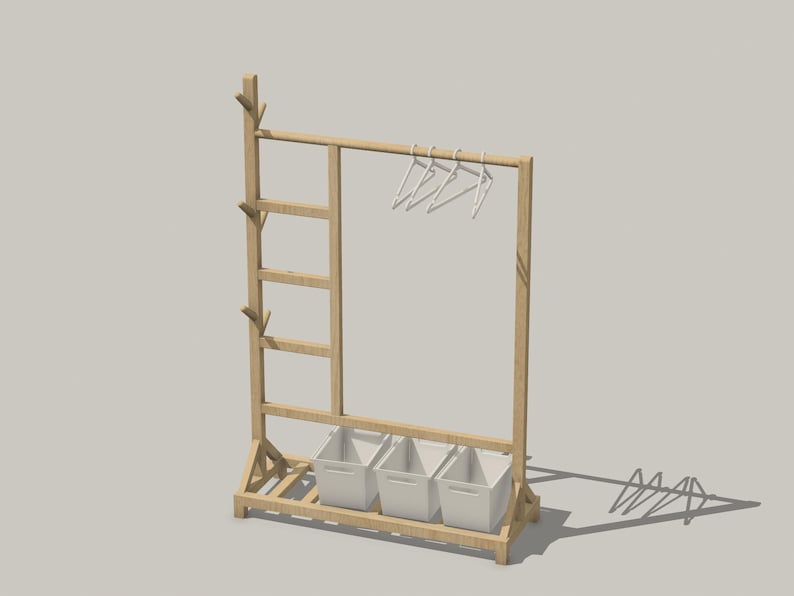 May include: A wooden clothes rack with a ladder on one side and three white storage bins on the bottom shelf. The rack has a metal bar for hanging clothes and several hooks on the side.