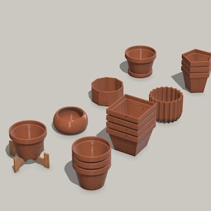 May include: A collection of terracotta plant pots in various shapes and sizes, including round, square, and octagonal. Some pots are stacked on top of each other, while others are on a wooden stand.