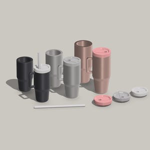 May include: Six stainless steel travel mugs with lids and straws. The mugs are in various colors, including gray, black, and rose gold. The lids are white and pink. The straws are white.