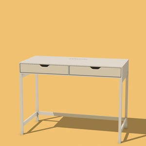 May include: A white desk with two drawers and a white metal frame. The desk is on a yellow background.