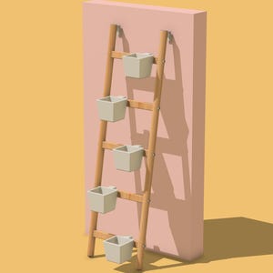 May include: A wooden ladder with five white planter boxes attached to the rungs. The ladder is leaning against a pink wall.