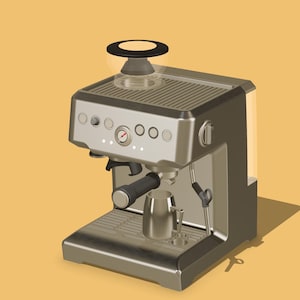 May include: A silver espresso machine with a chrome finish and a stainless steel milk frother. The machine has a digital display and multiple buttons for different coffee settings.