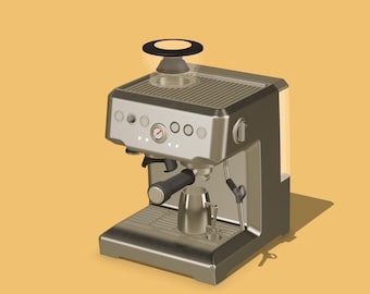Może przedstawiać: Srebrny ekspres do espresso z chromowanym wykończeniem i spieniaczem do mleka ze stali nierdzewnej. Ekspres posiada wyświetlacz cyfrowy i wiele przycisków do różnych ustawień kawy.