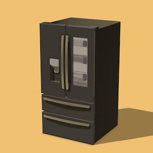 Puede incluir: Un refrigerador negro con diseño de puerta lado a lado, con dispensador de agua y dos cajones inferiores. Las manijas y los adornos tienen un acabado metálico. El refrigerador está sobre un fondo naranja claro.